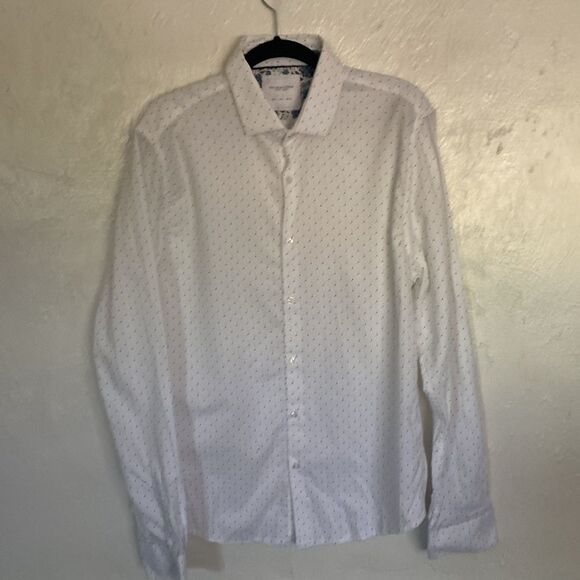 Denim & Flower White Blue Print Design Long Sleeve Button Down Dress Shirt Sz L - Picture 1 of 5